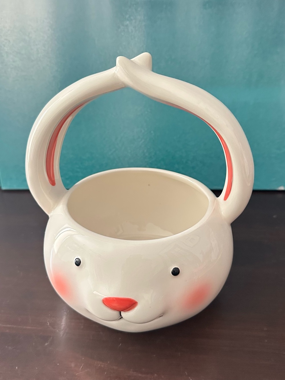 White Ceramic Bunny Planter with Pink Accents